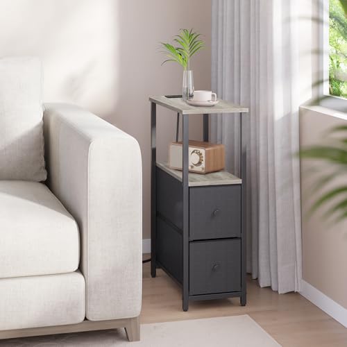 TUTOTAK Narrow End Table with Charging Station, Skinny Side Table | Bedside Table with Outlets, Nightstand with 2 Cloth Drawers, Couch Table for Living Room, Bedroom, Greige TB01BG055 - color: Greige, style: 2 Drawers & Plug