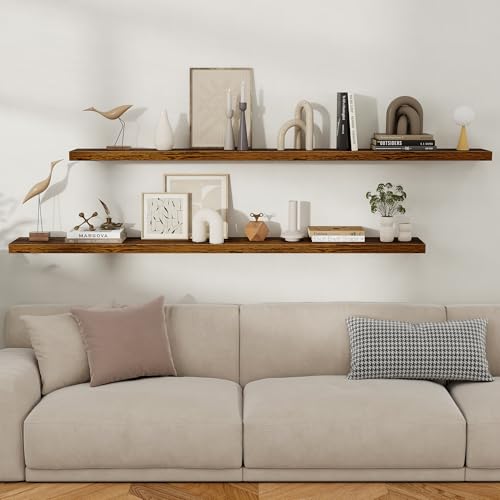 Fun Memories Floating Shelves for Wall, 72 Inch Long Set of 2 Rustic Wood Wall Shelves with Invisible Brackets, Heavy Duty Storage Display for Living Room Bedroom Kitchen, Brown - color: Rustic Brown, size: 8"D x 72"L - 2Pack
