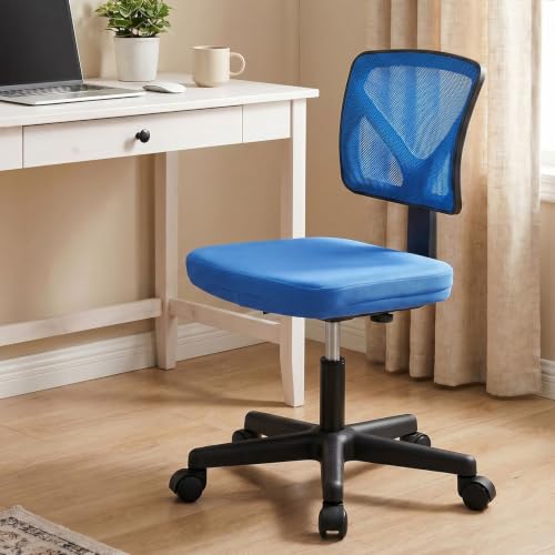 Sweetcrispy Small Armless Desk Chair, Mesh Rolling Office Chairs | Adjustable Ergonomic Lumbar Support, Low-Back, Swivel Wheels, Home Work, Bedroom, Study, Student, Adults, Blue - color: Blue