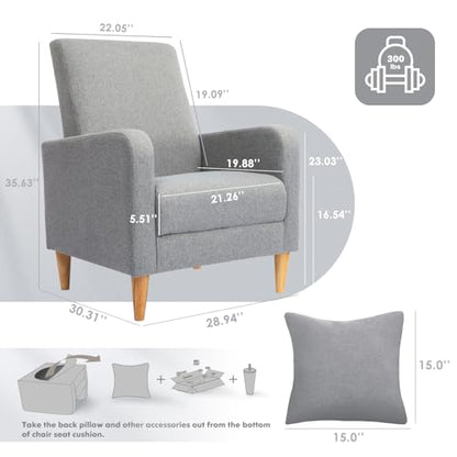 COLAMY Mid-Century Modern Accent Chair, Fabric Upholstered Living Room Chair with Back Pillow & Solid Wood Legs, Comfy Armchair for Living Room, Bedroom, Single Sofa, Grey - color: Grey, size: Set of 1