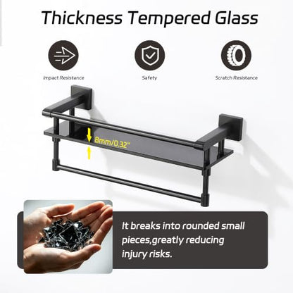 Alise Bathroom Shelf with Towel Bar,16 Inch Matte Black Glass Shelf | Floating Bathroom Glass Shelves,Tempered Glass,SUS304 Stainless Steel - color: Matte Black, size: 16 In