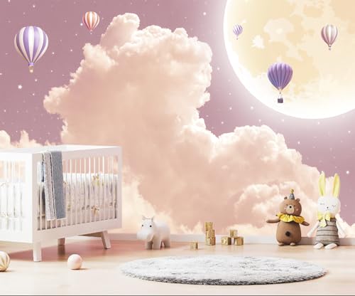 Pink and Purple Clouds Wallpaper Mural for Girls Room | Hot Air Balloons Moon Wall Mural 191"x120" Not Peel and Stick - color: Art Wall-66, size: 191" x 120"