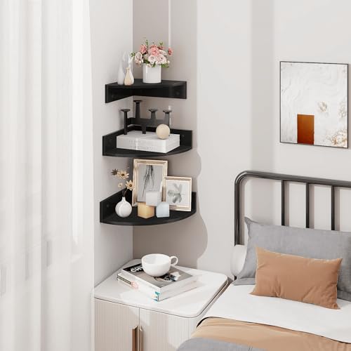Corner Floating Shelves, Set of 3 Corner Shelves Wall Mounted with Cable Hole, 3 Tier Wooden Hanging Corner Storage Shelf for Bedroom, Living Room, Kitchen, Black - color: Black
