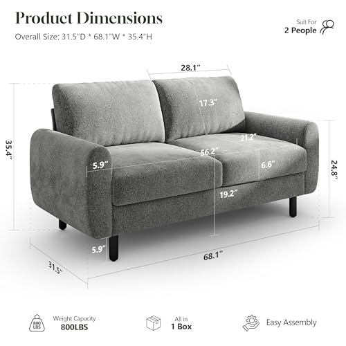 68" Loveseat Sofa, Comfy Chenille Fabric Couches for Living Room with Spring Cushion and Solid Wood Frame, Modern Deep Seat Couch for Bedroom, Apartment, Office, Easy Assembly, Gray - color: Grey