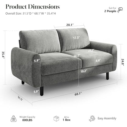 68" Loveseat Sofa, Comfy Chenille Fabric Couches for Living Room with Spring Cushion and Solid Wood Frame, Modern Deep Seat Couch for Bedroom, Apartment, Office, Easy Assembly, Gray - color: Grey