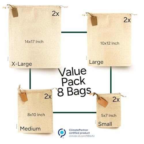 Muslin Cloth Bags with Drawstrings - Set of 8 (S, M, L, XL) - Reusable Natural Cotton Bags for Bulk Food Storage - Canvas Fabric Sachets - size: Set of 8 Mixed (S,M,L,XL)