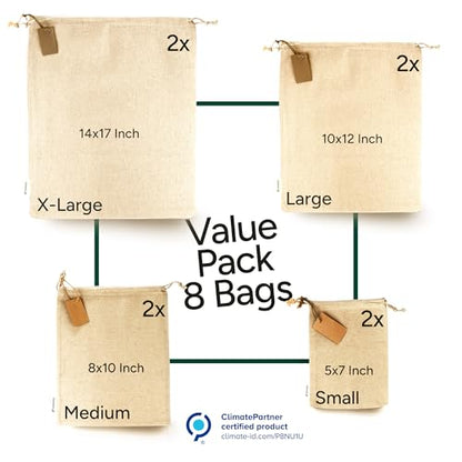 Muslin Cloth Bags with Drawstrings - Set of 8 (S, M, L, XL) - Reusable Natural Cotton Bags for Bulk Food Storage - Canvas Fabric Sachets - size: Set of 8 Mixed (S,M,L,XL)