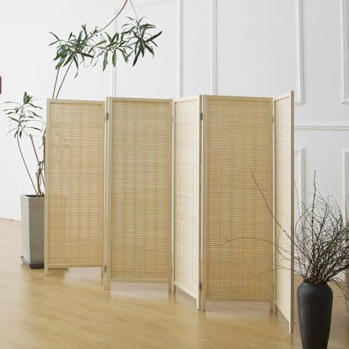 6 Panel Short Room Divider Screen,Beige Freestanding Partition,Small Bamboo Panel Divider for Room Seperation,3.95 FT Tall - color: Beige, size: 6 Panel