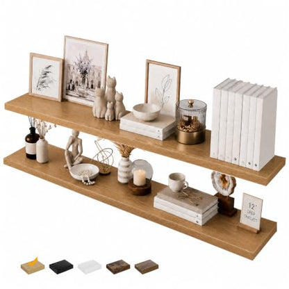 RICHER HOUSE 55 Inch Long Floating Shelves, 12" Deep Wood Wall Shelf, Oak | Wide Wall Shelves for Bedroom Kitchen Bathroom Wall Mounted Shelves, Wooden Bookshelf with Invisible Bracket, Oak, 2 Pack - color: Oak, size: 55in