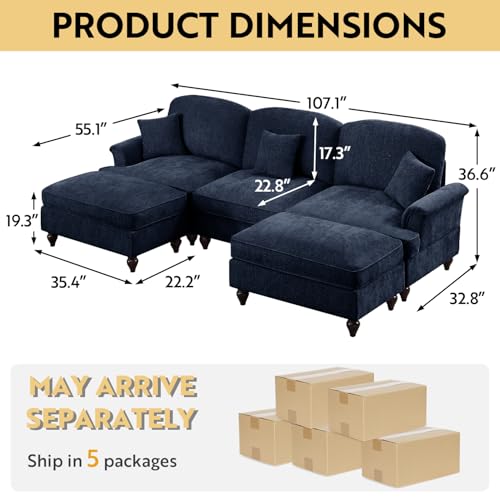 Modular Sectional Sofa Couch, Comfy Chenille Sofa with Removable Ruffled Skirt, Flared Armrests, Sturdy Legs, Convertible Sectional for Living Room, Bedroom, Apartment (Blue) - color: Blue, size: 107.1 Inch U