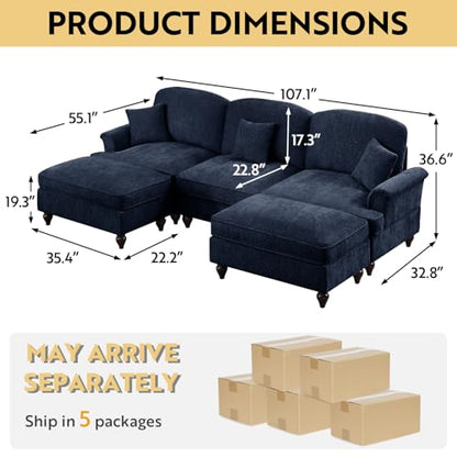 Modular Sectional Sofa Couch, Comfy Chenille Sofa with Removable Ruffled Skirt, Flared Armrests, Sturdy Legs, Convertible Sectional for Living Room, Bedroom, Apartment (Blue) - color: Blue, size: 107.1 Inch U