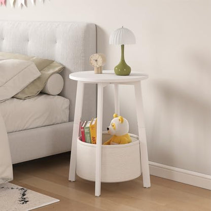 sthmec Small Round Side End Table with Cloth Storage Basket, Round Bedside Sofa Couch Coffee Tables for Small Places with Metal Frame, Modern Nighstands for Living Room Bedroom,White - color: White