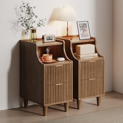 Narrow Nightstand Set of 2,11.8" Fluted Bedside Table Set of 2, Slim Side End Table with 2 Drawers, Wooden Bedside Table, Mid Century Modern Night Stand for Bedroom Livingroom Sofa Office - color: Walnut,11.8" With 2 Drawers