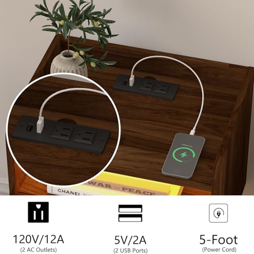 Veegle Floating Nightstand with Charging Station and LED Lights (Walnut Brown) - color: Walnut Brown