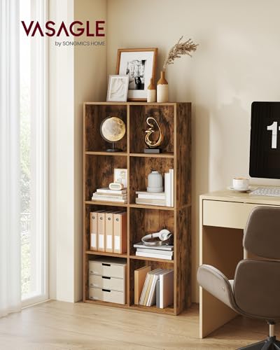 VASAGLE Bookcase Cube Shelf with 8 Compartments, 9.4 x 25.8 x 51 Inches | Bookshelf storage shelf, Rustic Brown, CUSTOS Collection, ULBC424K01 - color: Rustic Brown, size: 8 Cubes (9.4"D x 51"H), style: 1 Pack