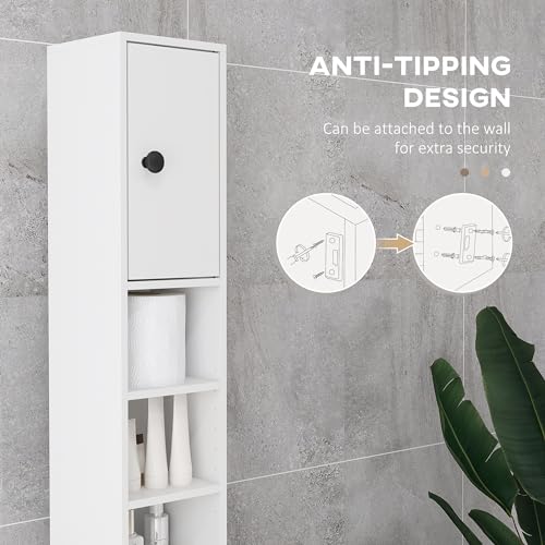 kleankin Narrow Tall Bathroom Storage Cabinet 71" Slim with Drawer White | Freestanding Bathroom Cabinet, Open Shelves, 2 Doors, Adjustable Shelves, Small Spaces