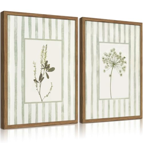 Sage Green Botanical Wall Art Decor Floral Picture Vintage Flower Prints | Cottagecore Wildflower Canvas Wall Art Striped Botanical Posters for Bathroom Bedroom Living Room 12x16 Inch Framed Set of 2 - color: Sage Green Flower Prints, size: 12x16 Inch Fra