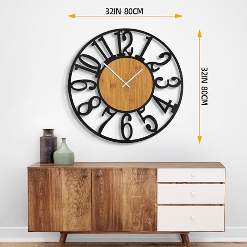 32" Extra Large Wall Clock, Silent Rustic Metal Wood Face Decorative Clock, Battery Operated Farmhouse Modern Oversized Wall Clocks for Living Room, Bedroom, Kitchen, Office, Home Decor - color: Light Brown - Arabic Numbers, size: 32inch (80cm)