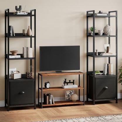 DUMOS 5 Tier Bookshelf with Fabric Drawer, Tall Industrial Bookcase, Narrow Display Standing Shelf, Wood and Metal Storage Shelf Organizer in Bedroom, Living Room, Modern Black