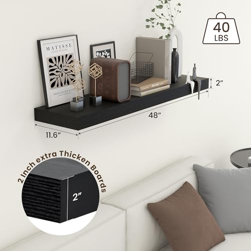 48 Inch Floating Shelf, 12'' Deep Black Shelves for Wall Set of 1 | Invisible Brackets, Engineered Wood, Mounting Hardware Included, 50LBS, Bathroom, Laundry Room, Kitchen, Living Room - color: Black, size: 48W x 11.6D x 2H, 1 Pack