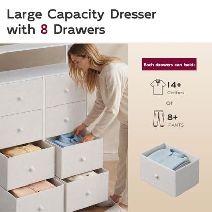 WLIVE Cream Boucle 8-Drawer Fabric Dresser Storage Tower Bedroom | Boucle fabric 8-drawer dresser with open shelves, stylish nursery dresser for baby girl room kids bedroom closet storage - color: Cream White, style: Raised Shelves