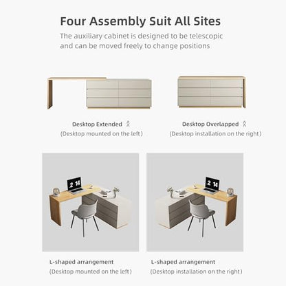 Modern Expandable L-Shaped Vanity Desk with 6 Drawers, Adjustable Computer Table for Home Office, Study, Writing, Gaming, and Bedroom Makeup, Beige, 56-98.5 ″