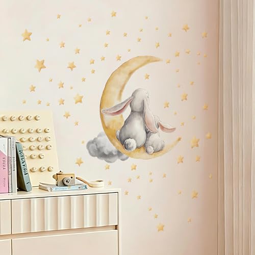 Easter Bunny Peel & Stick Wall Decals, Moon & Stars Wall Stickers | removable. Cute bunny with moon & stars. Ideal for bedroom, nursery, living room. - color: Easter Cute Bunny Wall Decals