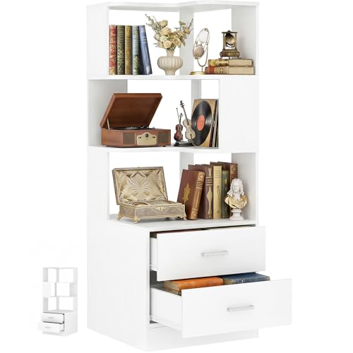 Corner Bookshelf with Drawers, Small Corner Shelf with Drawers | L Shaped Book Shelves with Drawers, 6-tier Bookcase for Bedroom Storage, Living Room, Home Office, Kitchen Pantry, White - color: White, size: 6 Tier(2 Drawers + 4 Shelves)