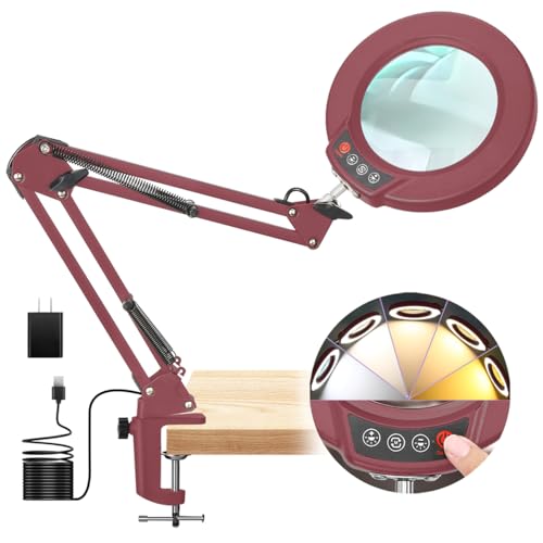 12X Magnifying Glass with Light and Clamp, Real Glass Lens Lighted Magnifier with Stand, 5 Color Modes LED Dimmable Magnifying Desk Lamp Hands Free for Crafts Painting Sewing Close Work - Red - color: Red, size: 12X 17.8inch Clamp