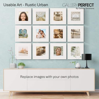 Gallery Perfect - 12-Piece White Square Photo Frame - Set with Hanging Template - Wall Gallery Kit - 16.5"x10.2"x16.7" - Square Wall Mount - Complete Set - Galley Wall - Picture Frame Set - color: White