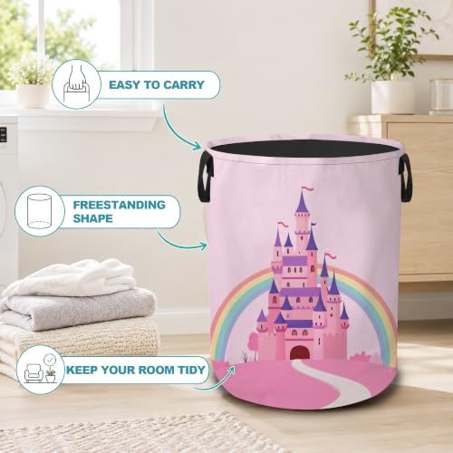 Princess Castle Dirty Clothes Hamper,Foldable Laundry Basket with Handles,Pink Rainbow Waterproof Oxford Cloth Storage Bin for Bedroom Bathroom Nursery,16 x 20 Inch - color: Princess Castle,Pink Rainbow