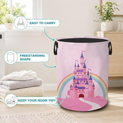 Princess Castle Dirty Clothes Hamper,Foldable Laundry Basket with Handles,Pink Rainbow Waterproof Oxford Cloth Storage Bin for Bedroom Bathroom Nursery,16 x 20 Inch - color: Princess Castle,Pink Rainbow
