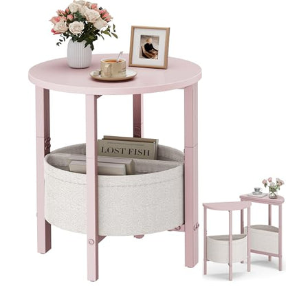 Small Round Side Table, Accent End Table with Storage Basket, Set of 2 Half Round Coffee Table End Table, Half Moon Bedside Table, Modern Nightstand Couch Table for Living Room Bedroom, Pink - color: Pink