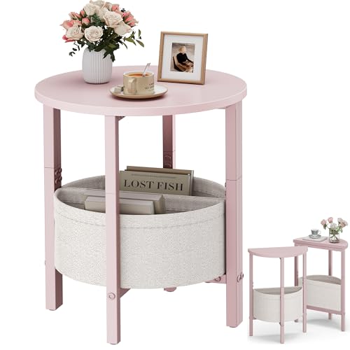 Small Round Side Table, Accent End Table with Storage Basket, Set of 2 Half Round Coffee Table End Table, Half Moon Bedside Table, Modern Nightstand Couch Table for Living Room Bedroom, Pink - color: Pink