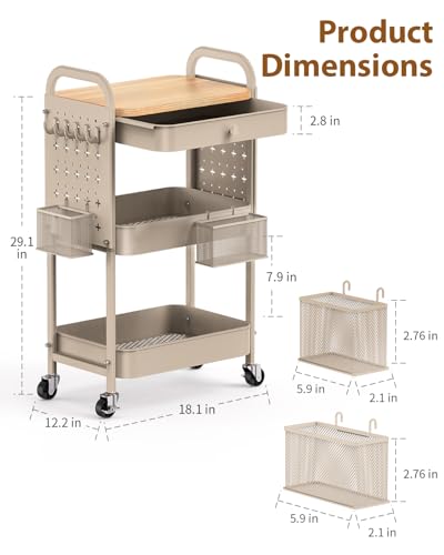 ALVOROG 3 Tier Metal Rolling Cart with Drawer,Wood Top,Pegboards,Khaki | Storage Utility Cart with Drawers,Pegboards,Lockable Wheels,Baskets,Hooks for Kitchen,Office,Bedroom,DIY Supplies - color: Beige