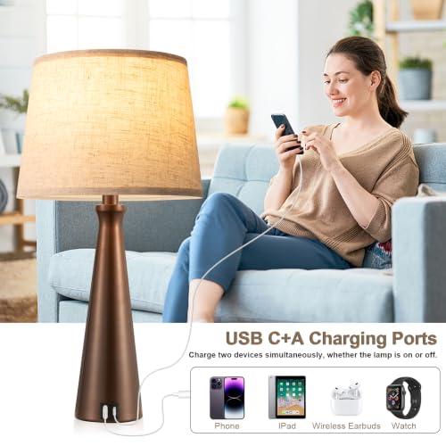 Modern Touch Lamps for Nightstand, 3 Way Dimmable Bedroom Lamp Set of 2 | USB C+A Charging Ports, Brown Bedside Lamps for Bedroom, Living Room, End Table, Bed Side, LED Bulb Included - color: I. Brown Base-Beige Shade