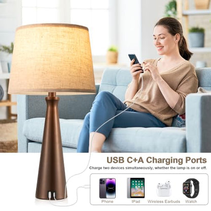 Modern Touch Lamps for Nightstand, 3 Way Dimmable Bedroom Lamp Set of 2 | USB C+A Charging Ports, Brown Bedside Lamps for Bedroom, Living Room, End Table, Bed Side, LED Bulb Included - color: I. Brown Base-Beige Shade