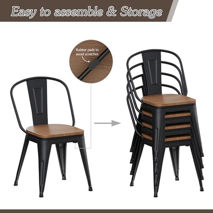 Alunaune 18inch Metal Dining Chair Set of 4 High Back Classic Chic Iron Farmhouse Chairs Industrial Stackable Coffee Stools Bistro Cafe Side Barstools Wood Seat-Black - color: Black