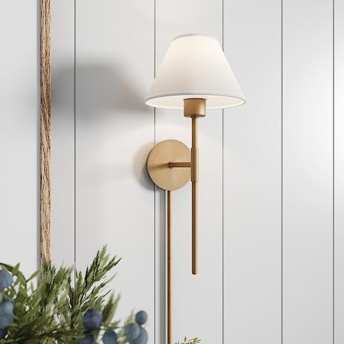 Nathan James Millie Plug-in Wall Sconce, Wall Mounted Bedside Reading Lamp with Cotton Shade and Brass Back Plate - color: Brass/White, size: Set of 1