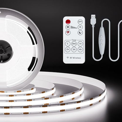 PAUTIX 5V USB COB LED Strip Light 6.56ft/2m 1200lm, Dimmable 640LEDs 6000K Daylight White CRI90+ with RF Remote TV Backlight,Flexible Under Cabinet Tape Light for Bedroom,Kitchen,Home DIY Lighting - color: 6000K