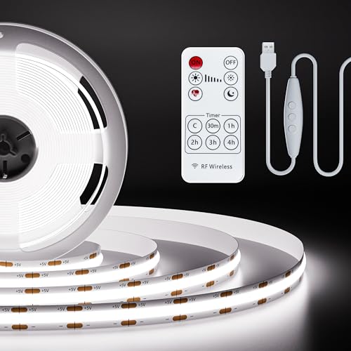 PAUTIX 5V USB COB LED Strip Light 6.56ft/2m 1200lm, Dimmable 640LEDs 6000K Daylight White CRI90+ with RF Remote TV Backlight,Flexible Under Cabinet Tape Light for Bedroom,Kitchen,Home DIY Lighting - color: 6000K