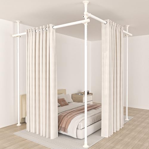 Room Divider Curtain Rod No Drilling, 4-9ft (H) 28-142inch(W) Adjustable Heavy Duty Floor to Ceiling Tension Rod Wall Dividers, Easy Assembly Temporary Privacy Separator for Room Separation White - color: White, size: 4-9 FT Height, 28-142 Inch Width