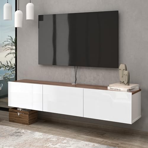 Floating TV Stand Glossy White for 65-80 Inch TV, 63" Wall Mounted TV Stand with Storage, White and Wood Floating Entertainment Center with Cable Management, Floating Media Console for Living Room - color: Wood Like