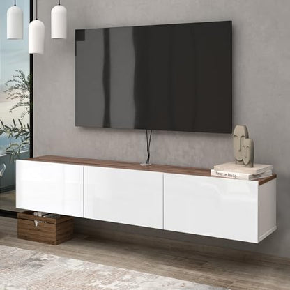 Floating TV Stand Glossy White for 65-80 Inch TV, 63" Wall Mounted TV Stand with Storage, White and Wood Floating Entertainment Center with Cable Management, Floating Media Console for Living Room - color: Wood Like