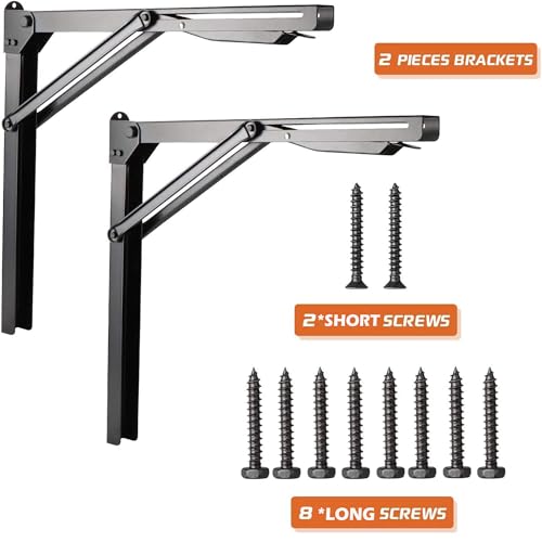 24 inch Black Sturdy Folding Shelf Brackets, Heavy Duty Adjustable Steel Wall Mounted Collapsible Shelf Bracket, Max Load 550lb - style: 4 PACK