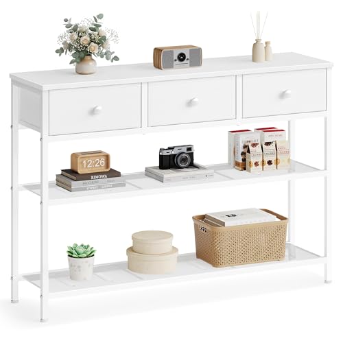 SONGMICS Console Table, Narrow Sofa Table with 2 Mesh Shelves | For Entryway, Living Room, 3 Fabric Drawers, Cloud White, BELLAH Collection ULGS098W101 - color: Cloud White, size: 11.8"D x 38.9"W x 31"H (3 Drawers)