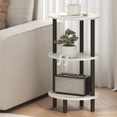 Furinno Turn-N-Tube Toolless 3-Tier Oval Side Table with Open Shelf, White | Compact, Narrow, End Table, Night Stand, Bedside Table, for Living Room, Bedroom - color: White/Black, size: 1-Pack, Plastic Frame, 3-Tier, 27.6 Inches Tall