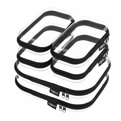 YQBRAO Clear Hard Shell Zipper Cases, 6 Travel Organizers, 2M 4S, Black | Rigid clear shells in two practical sizes separate toiletries, skincare, cosmetics, chargers and frequently used accessories - color: Black, size: 6 Pack (2M+4S)