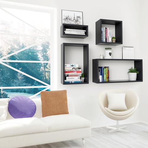 Wall Mount Shelf Set of 4, Floating Cube Shelves for Space Discovery Home and Commercial Use, Large Size Shelves Set, Black - color: Black, size: Set4