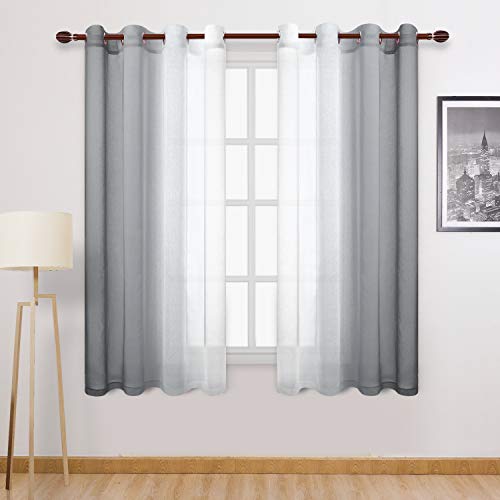 DWCN Grey Ombre Sheer Curtains - Faux Linen Semi Voile Gradient Bedroom and Living Room Curtains, Set of 2 Grommet Top Window Drape Panels, 52 x 63 Inch Length - color: Grey, size: 52"W x 63"L (Pack of 2)